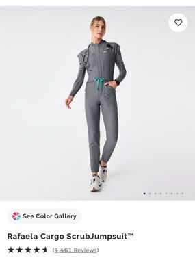 Figs Rafaela Cargo Scrub Jumpsuit — Gray with Teal Drawstring